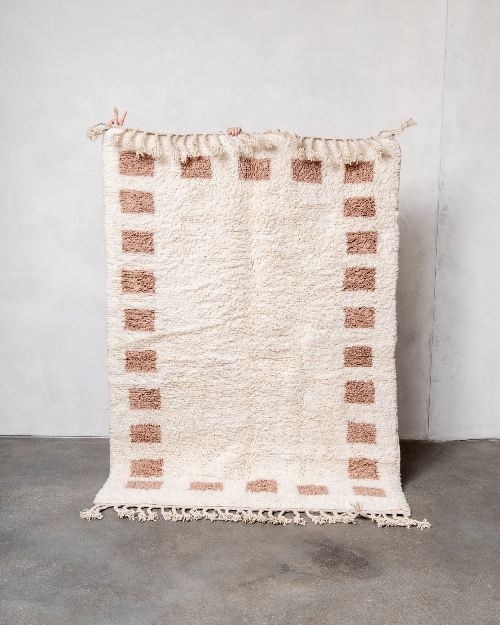 Modern, designer, handcrafted Berber rug from Morocco. Beniourain carpet with beautiful colours and patterns and fluffy wool texture.